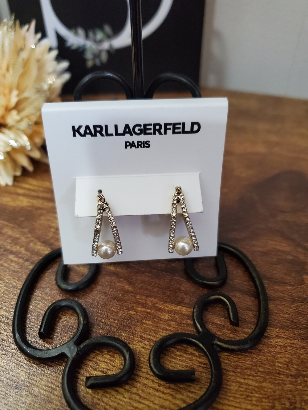 Karl Lagerfeld Gold-Tone Crystal V Earrings with Pearl Accent
